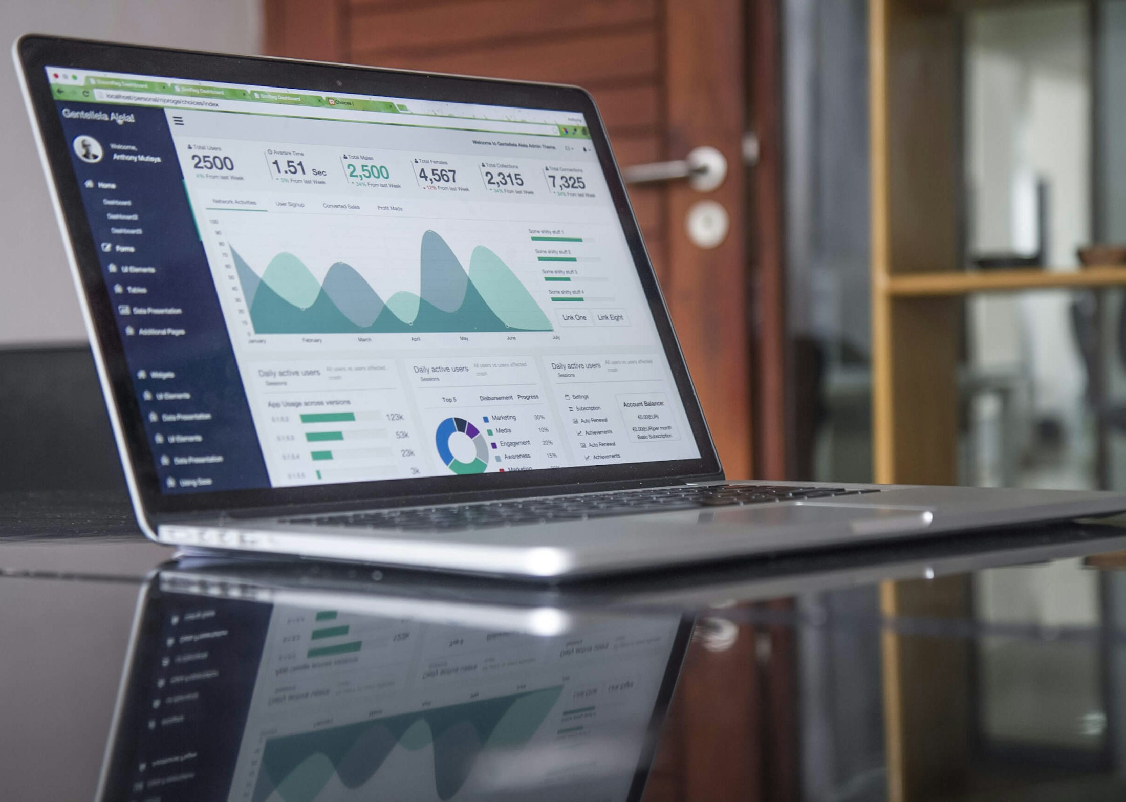 Portatile con dashboard e grafici su un tavolo, fotografia stock